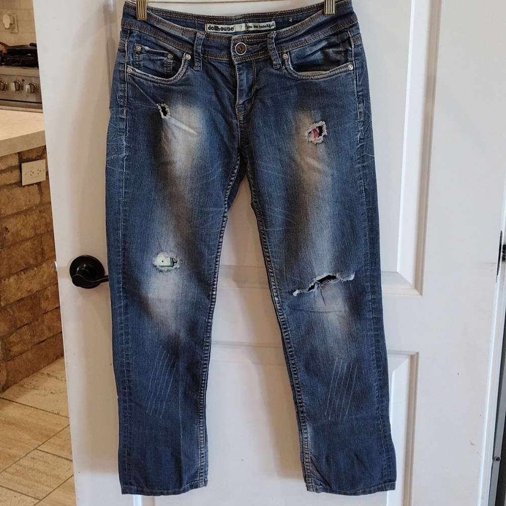 Doll House Vintage Jeans.  Size 7       Medium Distressed Wash. Straight Legs